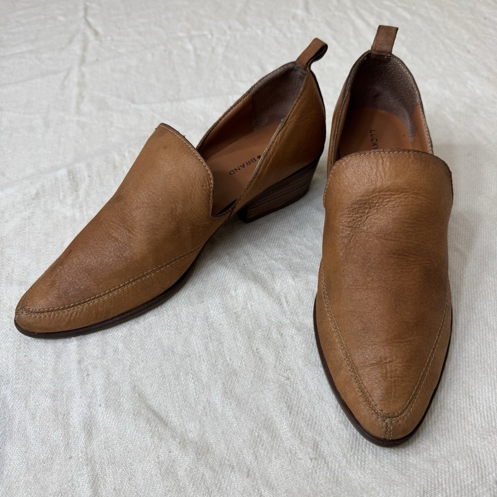 Lucky Brand Women's Mahzan Loafer Size 8.5 Tan Leather Block Heel Comfort SlipOn